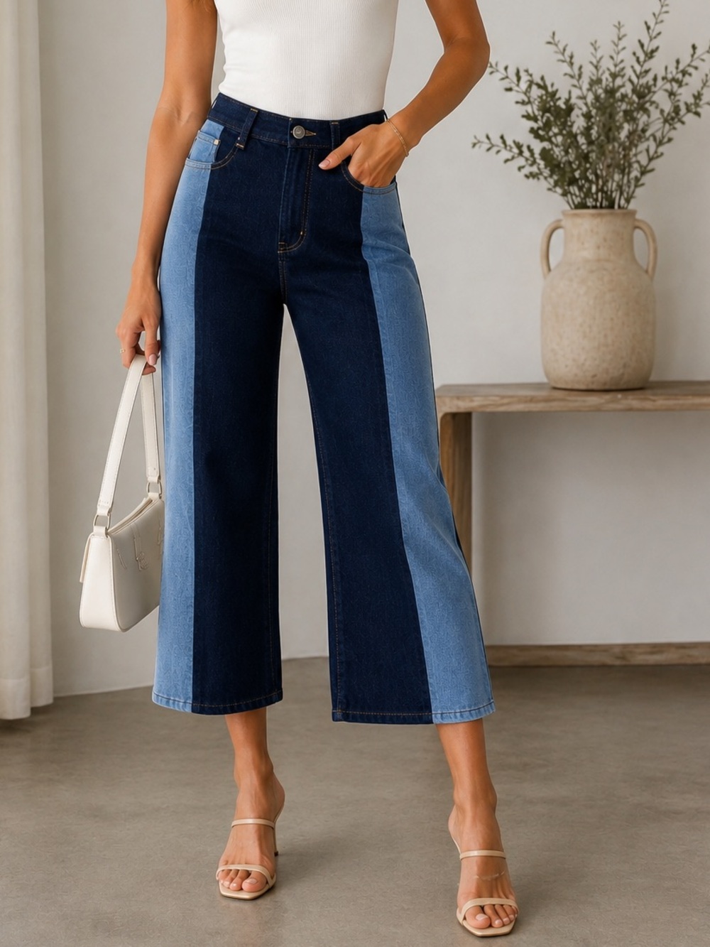 cinq a sept Two-Tone Color Blocked Wide-Leg Jeans Cropped Size 6 Designer Denim